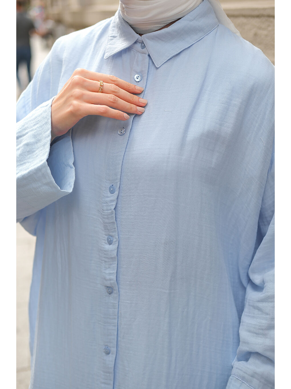 Kadın Midi Boy Gömlek Mavi-4