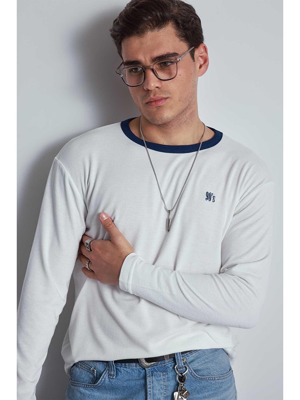 Erkek Kontrast Detaylı Oversize Basic Sweatshirt Ekru-3