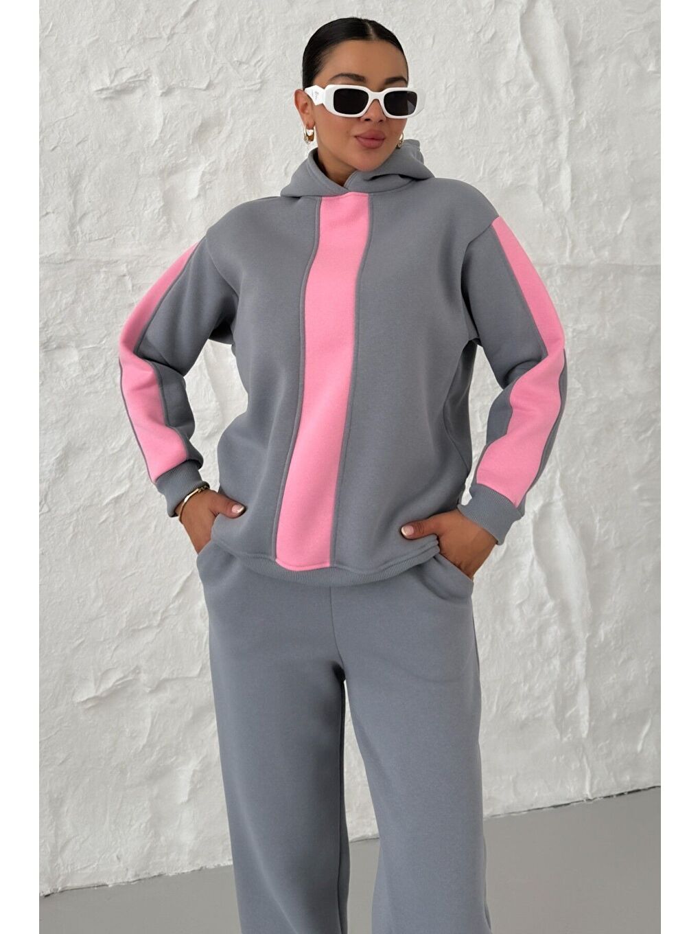 Gri Kadın Füme Kapüşonlu Kol Ve Göğüs Dikey Kalın Şeritli Alt-Üst Eşofman Takımı-5