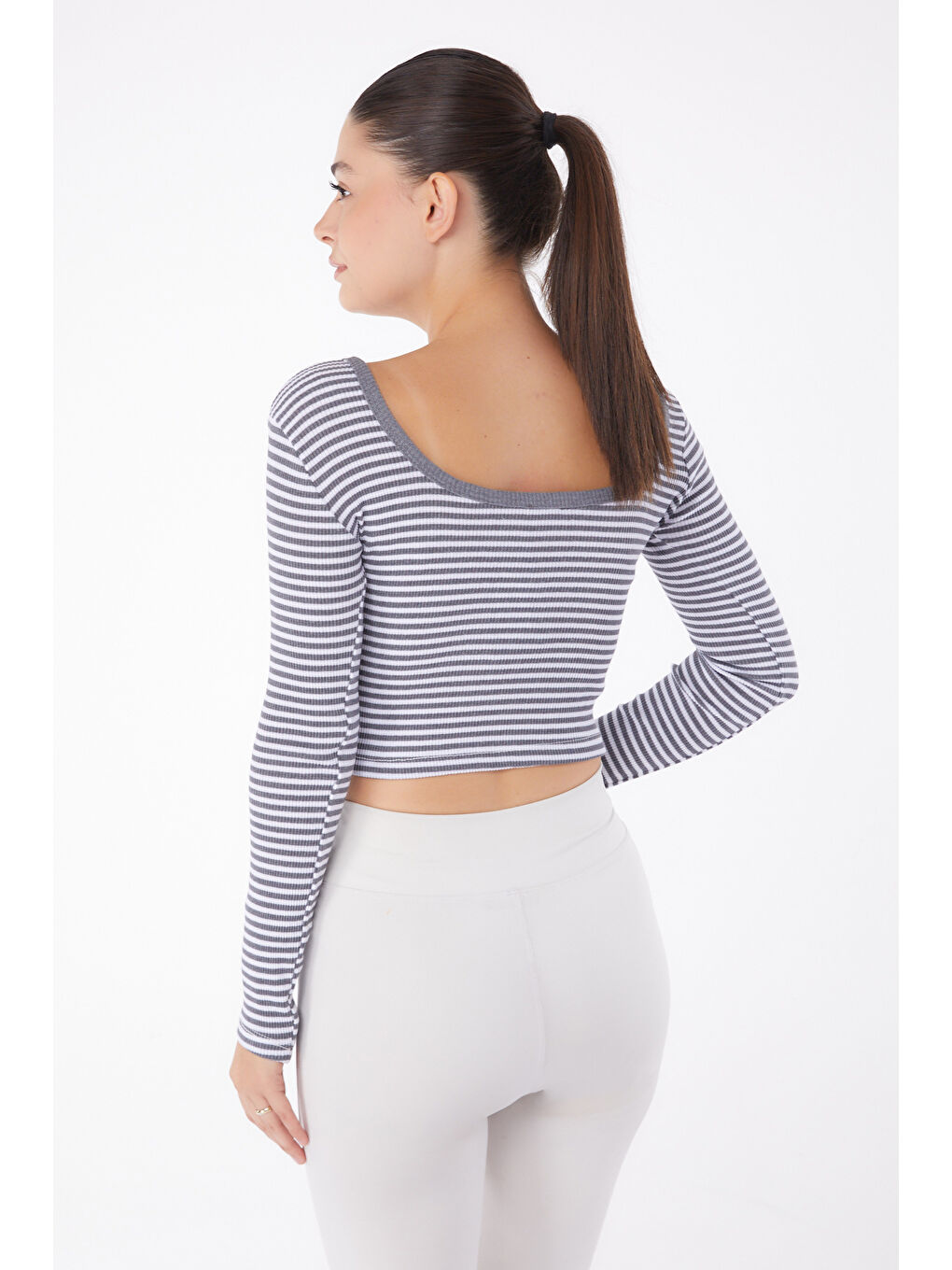 Gri Çizgili Crop Füme - 26119-4