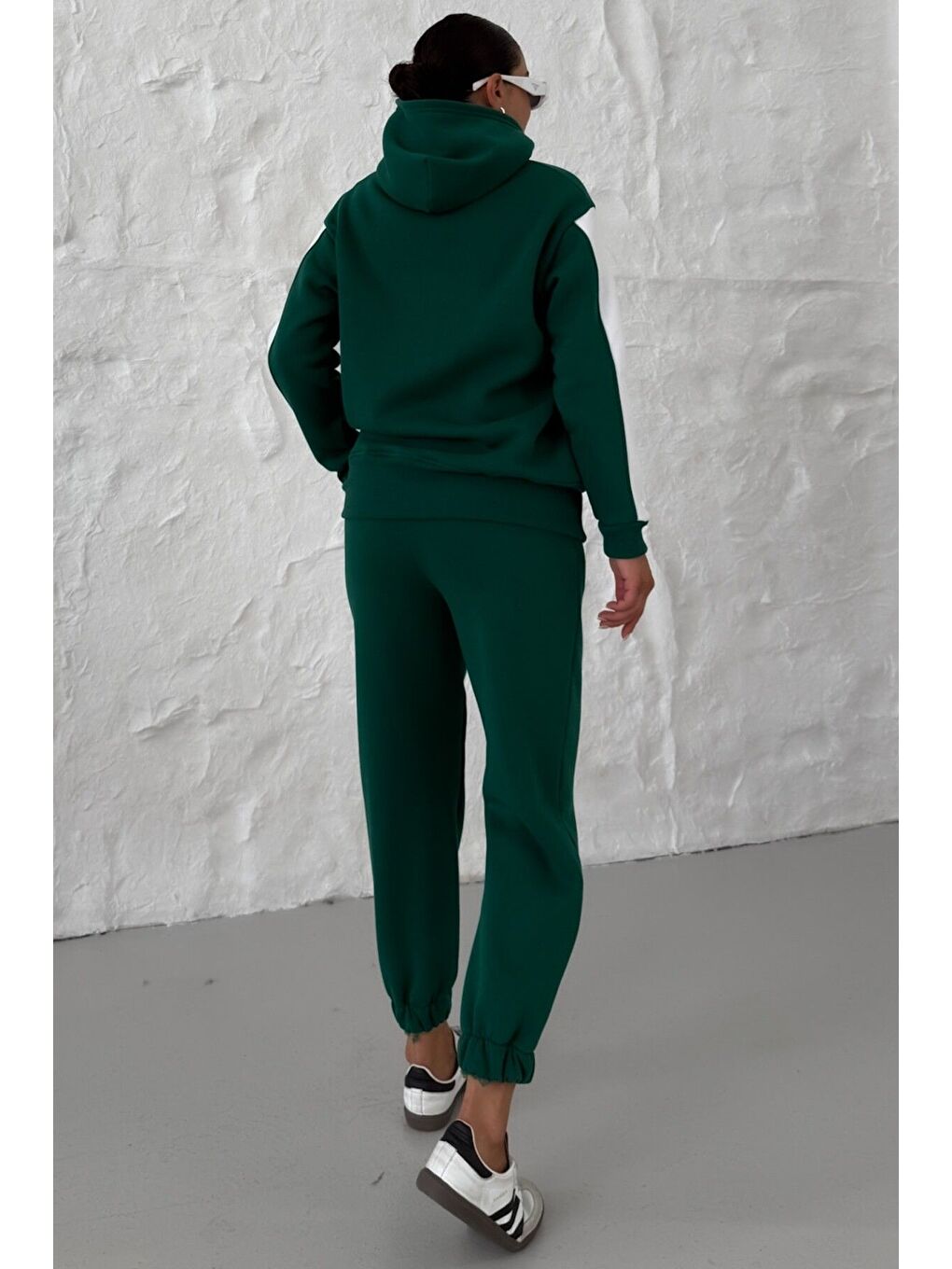 Kadın Nefti Yeşil Kapüşonlu Kol Ve Göğüs Dikey Kalın Şeritli Alt-Üst Eşofman Takımı-7