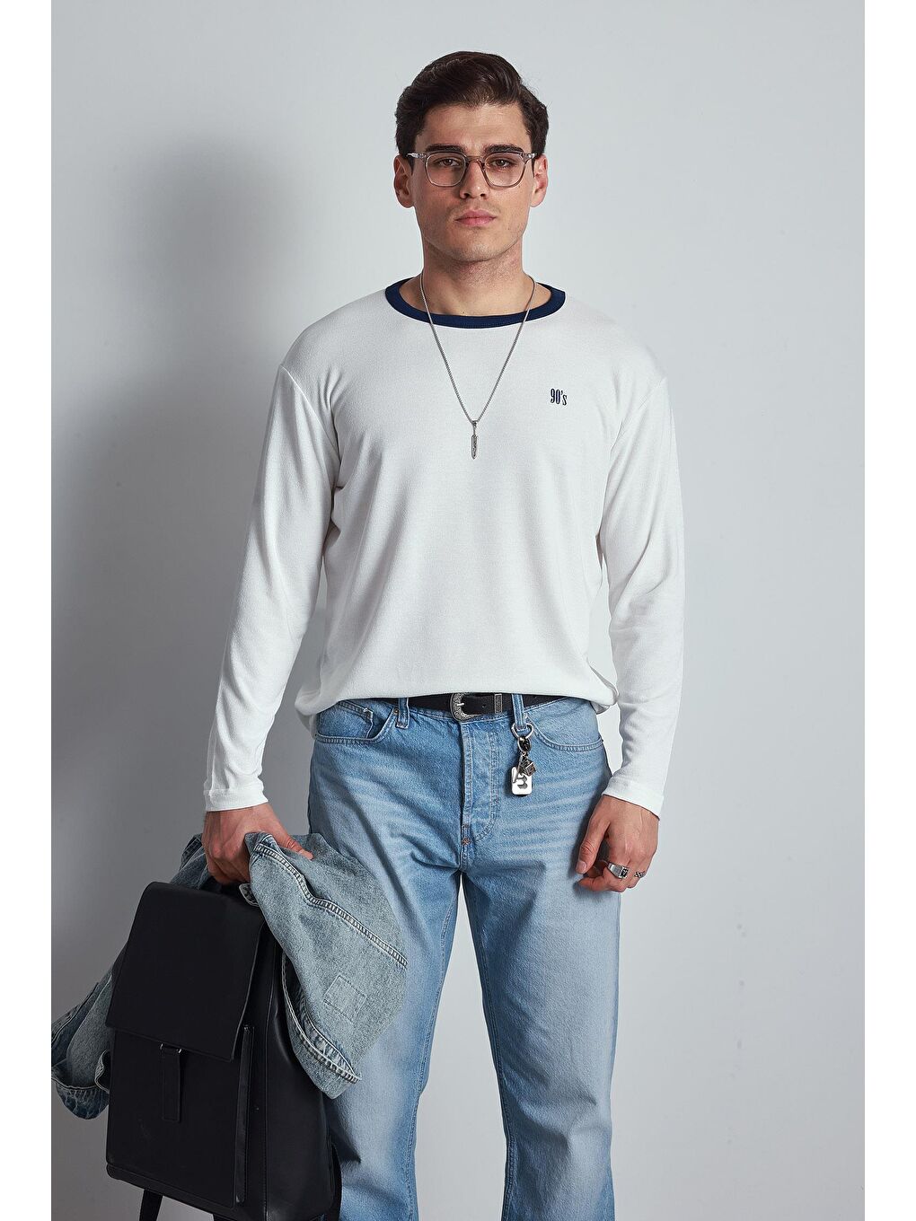 Erkek Kontrast Detaylı Oversize Basic Sweatshirt Ekru-5