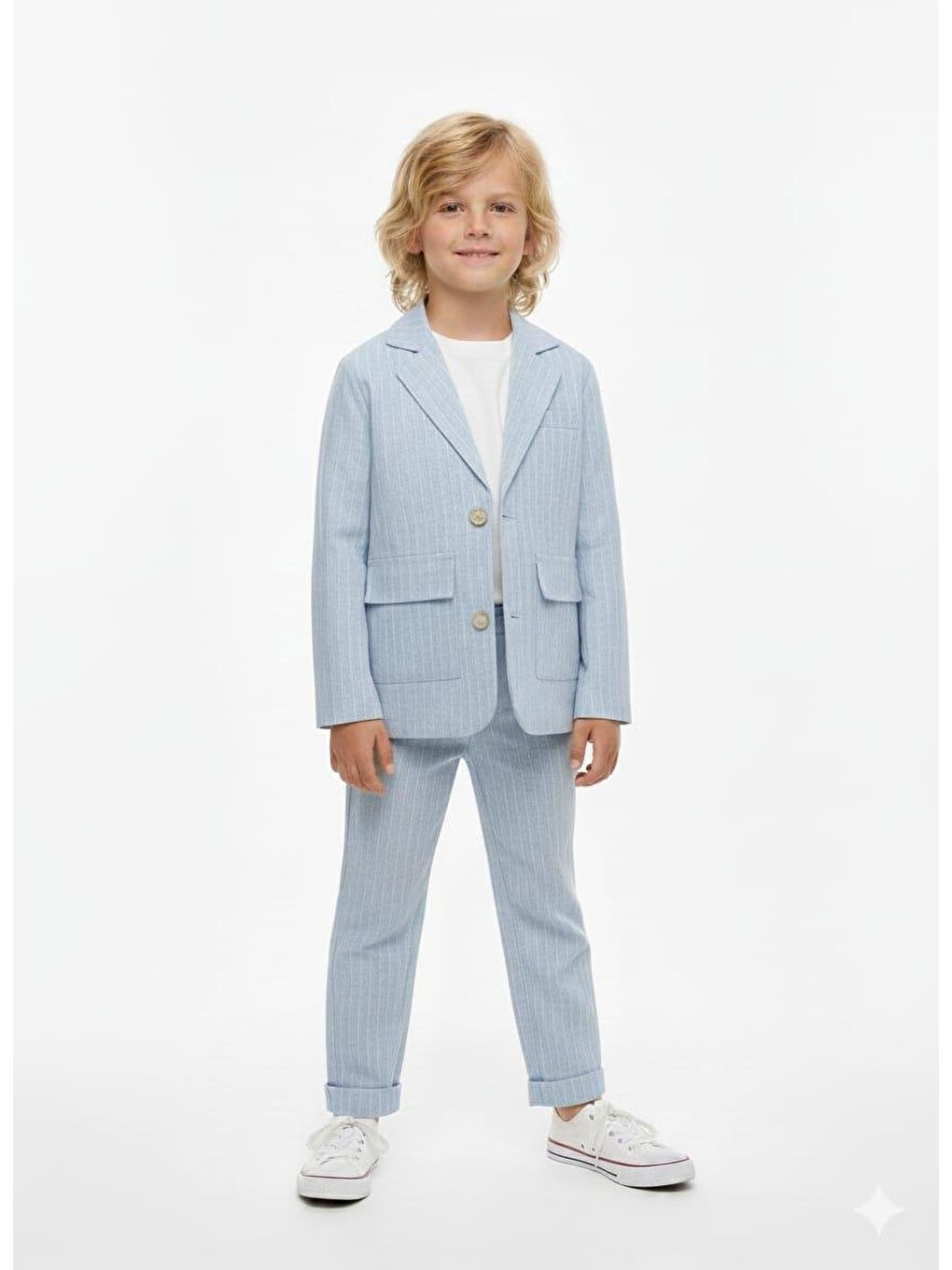 Karışık Erkek Çocuk Açık Mavi Çizgili Ceket Ve Pantolon Takım Tişört Dahil-1