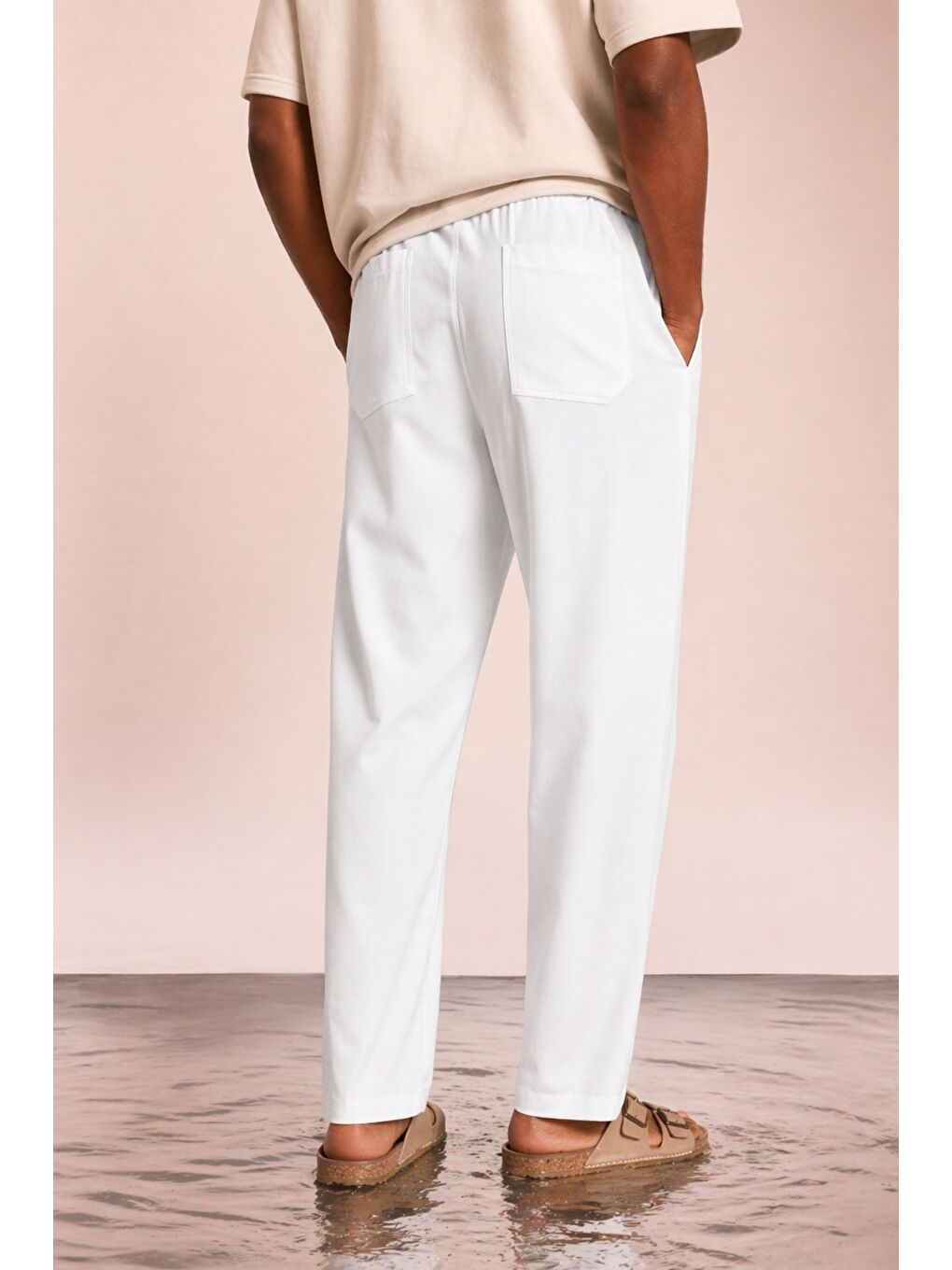 Beyaz Modal Kumaş Erkek Lastikli Bel Rahat Kesim Pantolon-2