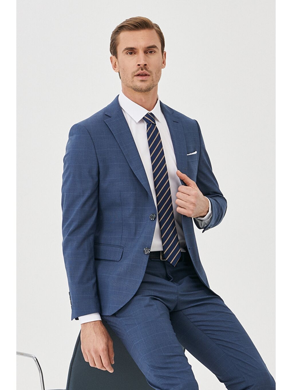 Erkek Lacivert Ekstra Slim Fit Yünlü Kareli Takım Elbise-2