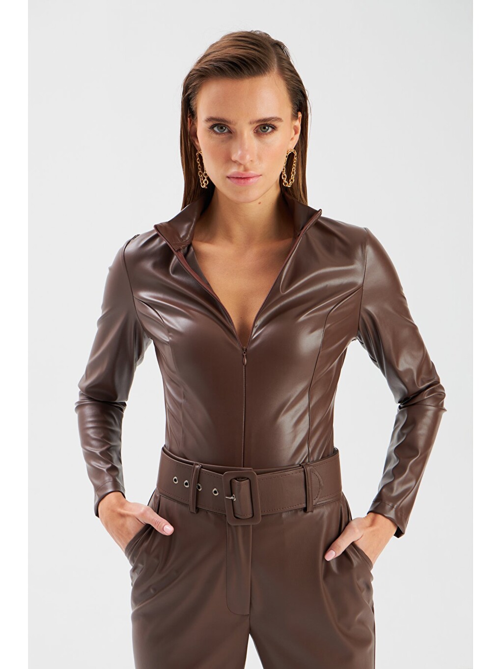 Kahverengi Fermuarlı Deri Bodysuit - Koyu Kahve-1