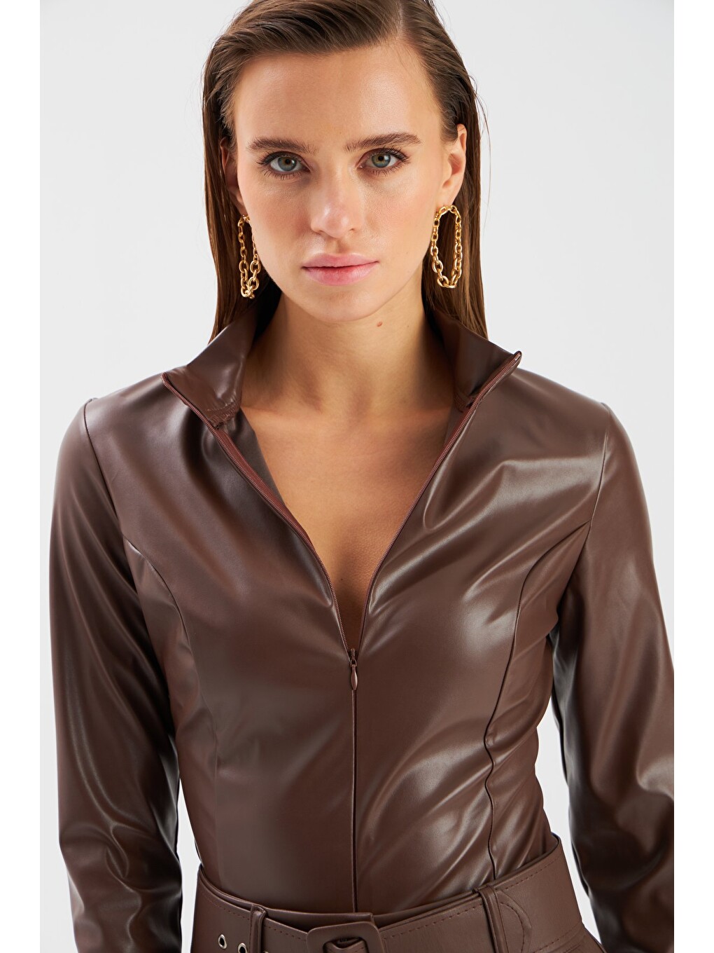 Kahverengi Fermuarlı Deri Bodysuit - Koyu Kahve-2