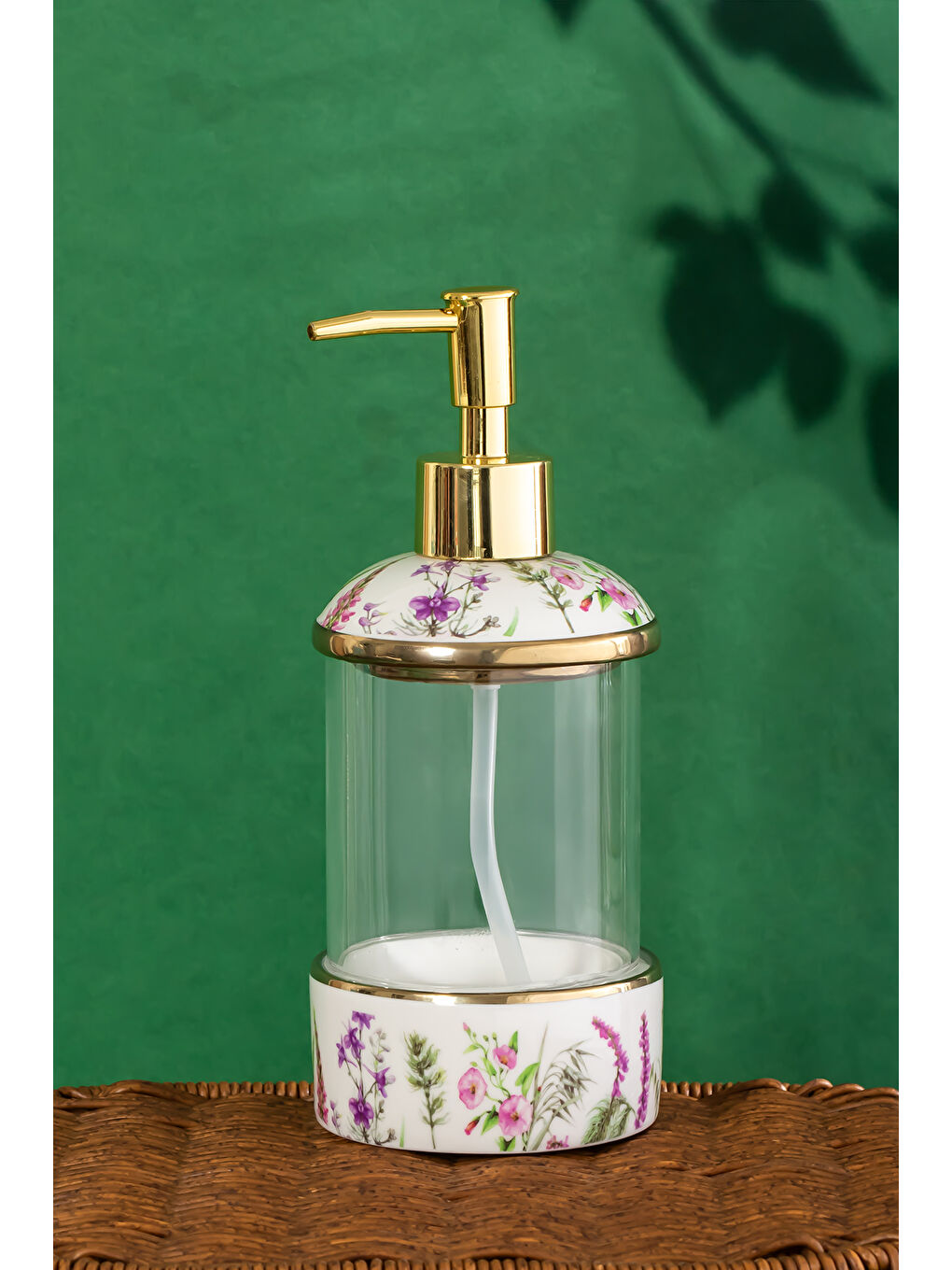Karışık 3127-1 Gold Kapaklı Porselen ve Cam Sıvı Sabunluk – Çiçek Desenli ve Şeffaf Tasarım 350 ml