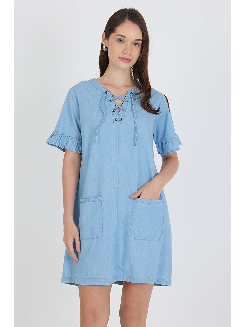 Mavi Kadın Önü Cepli Göğüs Bağcıklı Jean Stil Salopet Elbise 1449-1