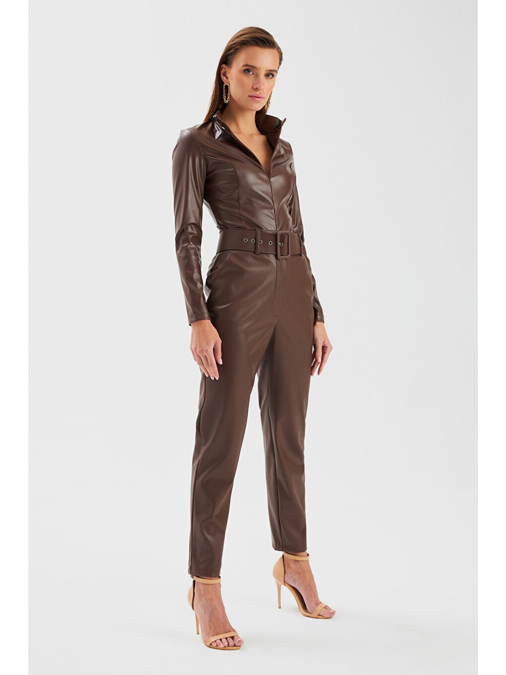 Kahverengi Fermuarlı Deri Bodysuit - Koyu Kahve-3