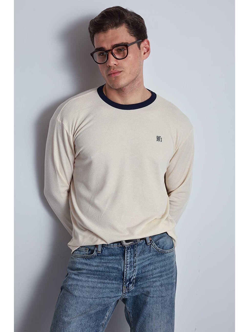 Ekru Erkek Kontrast Detaylı Oversize Basic Sweatshirt Krem-3