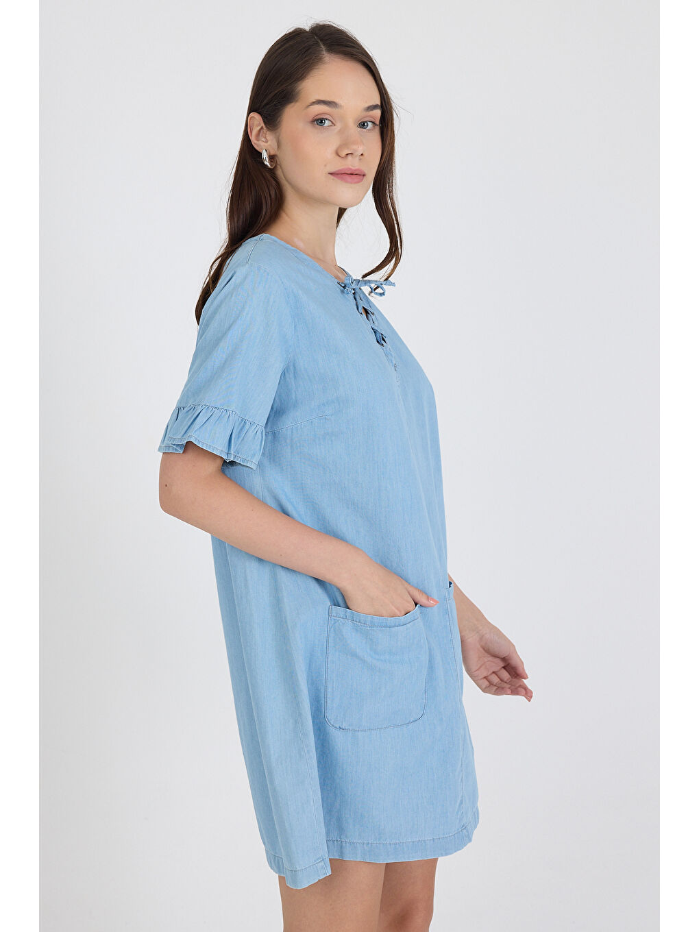 Mavi Kadın Önü Cepli Göğüs Bağcıklı Jean Stil Salopet Elbise 1449-2