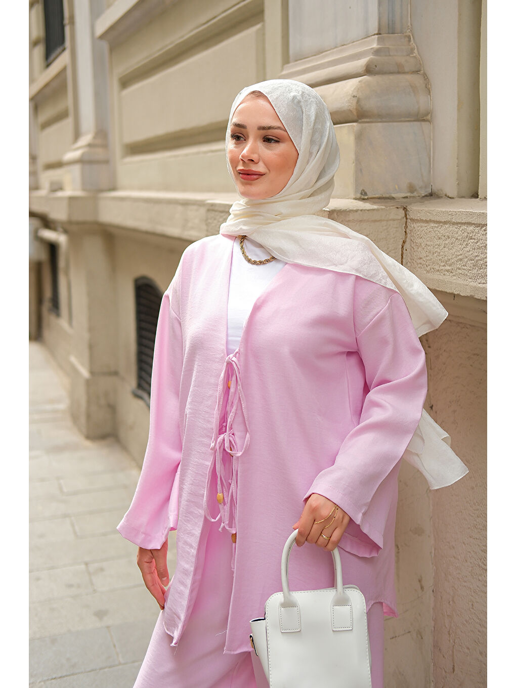 Kadın Ön Bağlama Detaylı Takım Pembe-1