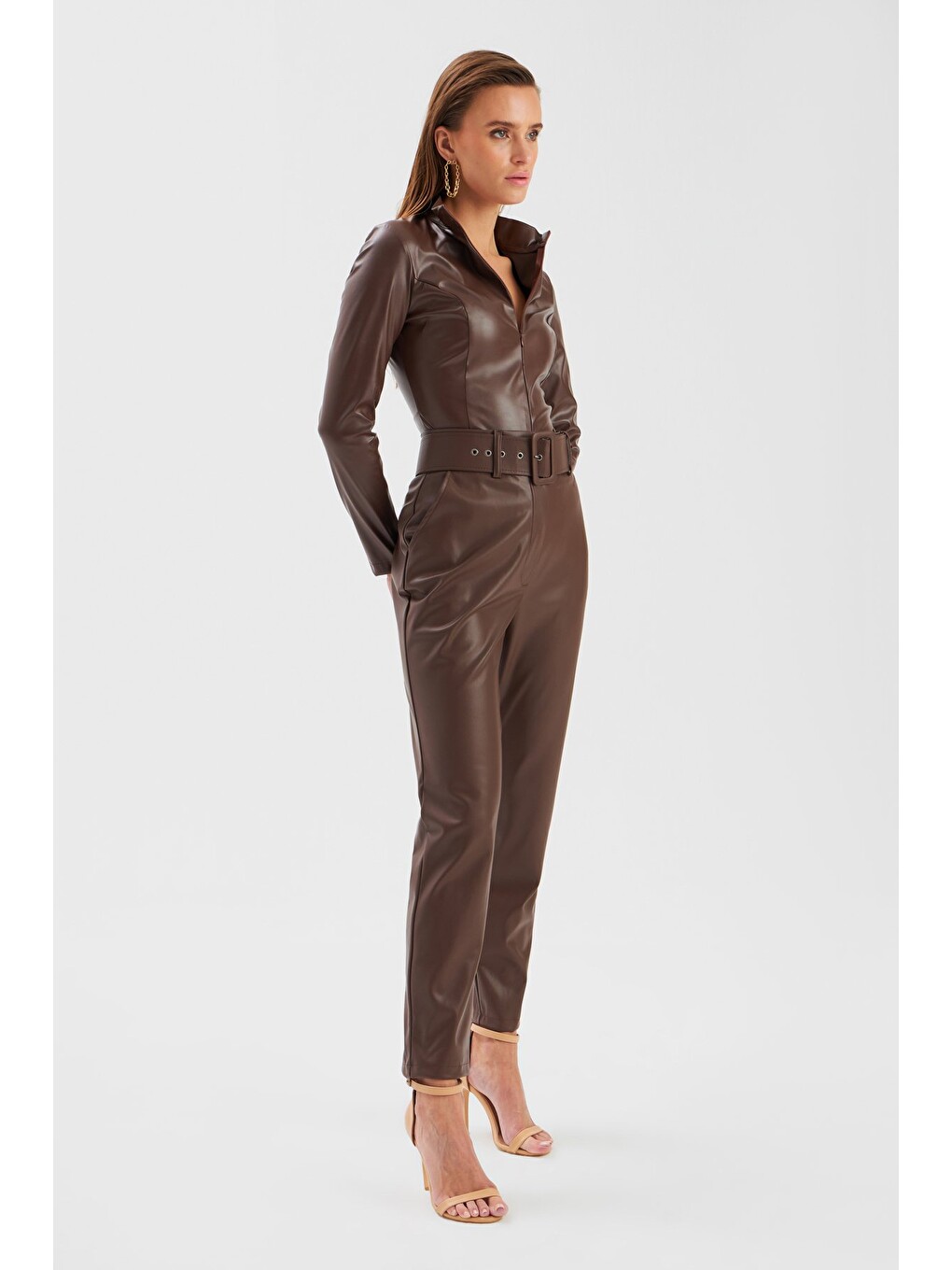 Kahverengi Fermuarlı Deri Bodysuit - Koyu Kahve-4