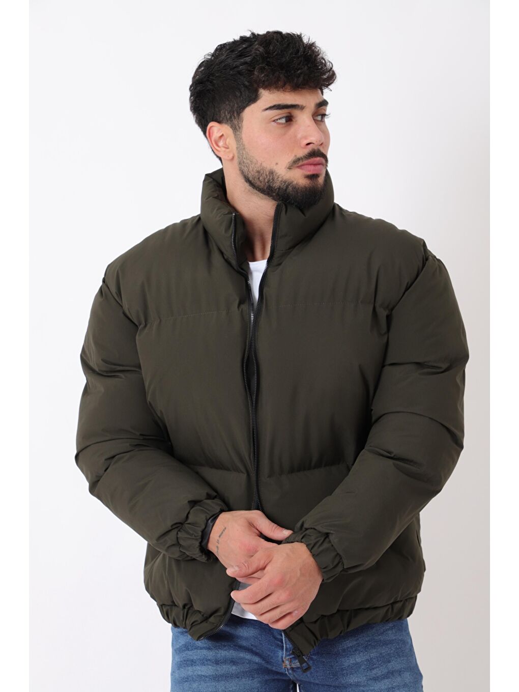 Haki Dik Yaka Oversize Bomber Şişme Kışlık Mont PLDP 3018_50465