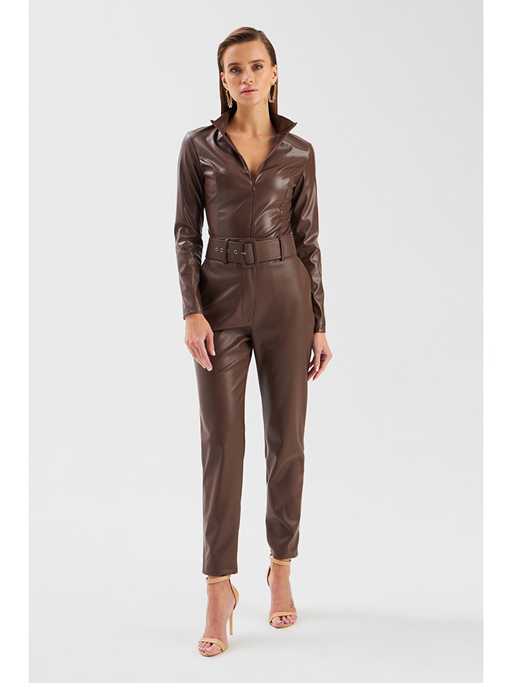 Kahverengi Fermuarlı Deri Bodysuit - Koyu Kahve-5