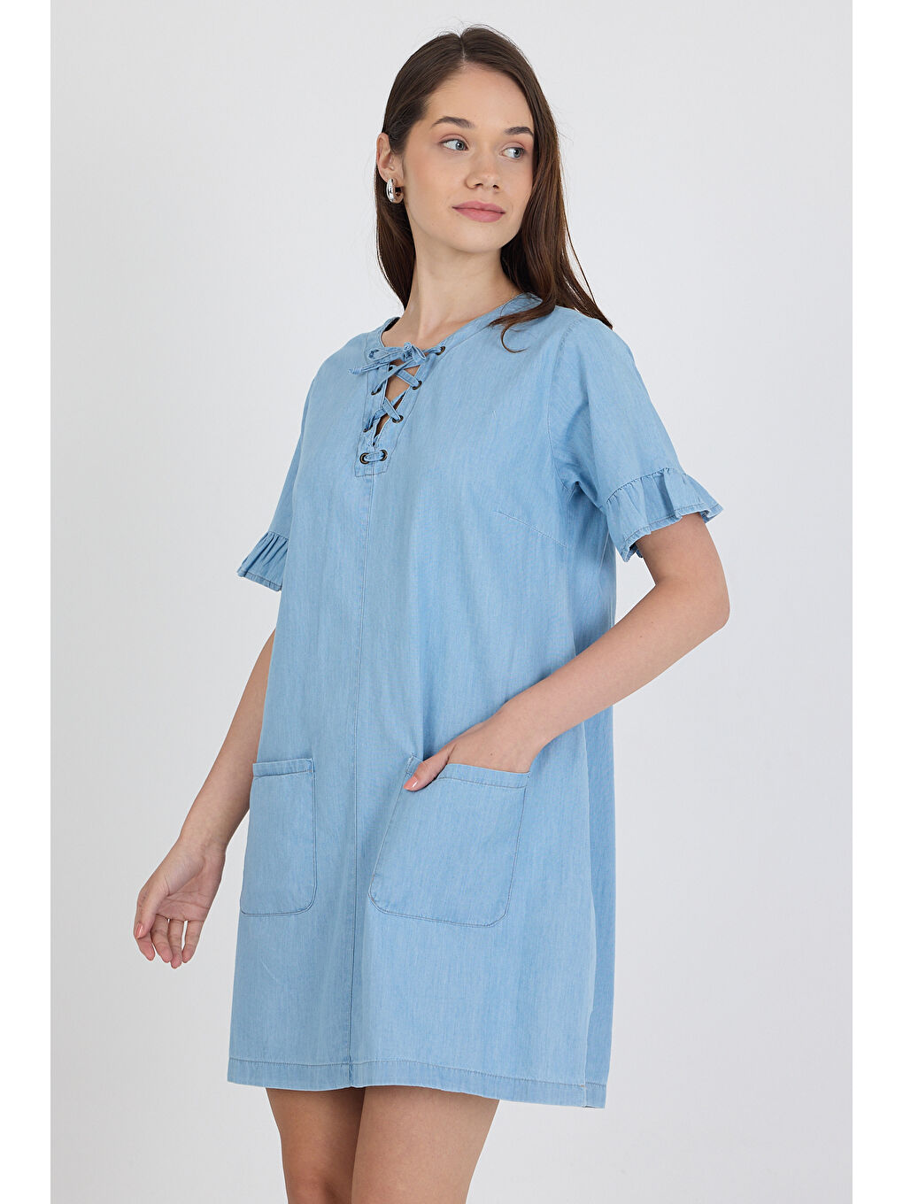 Mavi Kadın Önü Cepli Göğüs Bağcıklı Jean Stil Salopet Elbise 1449-3