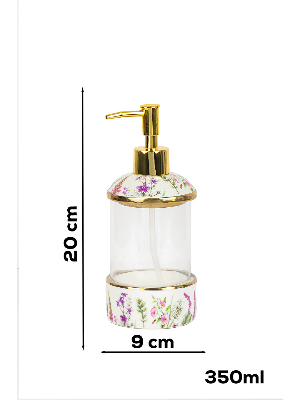 Karışık 3127-1 Gold Kapaklı Porselen ve Cam Sıvı Sabunluk – Çiçek Desenli ve Şeffaf Tasarım 350 ml-1