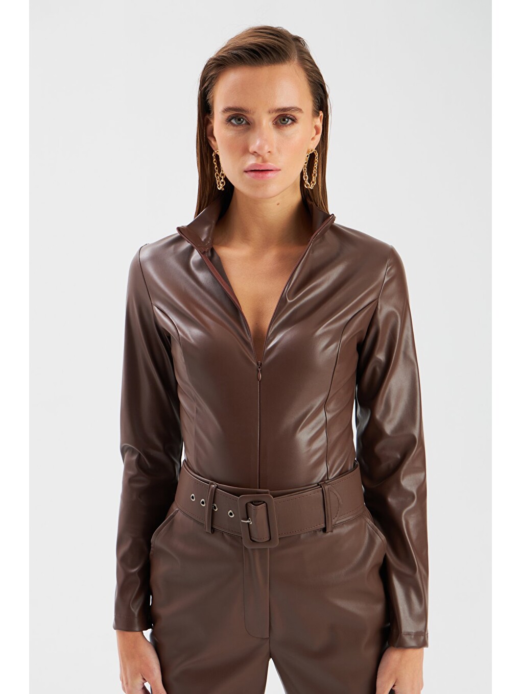 Kahverengi Fermuarlı Deri Bodysuit - Koyu Kahve-6