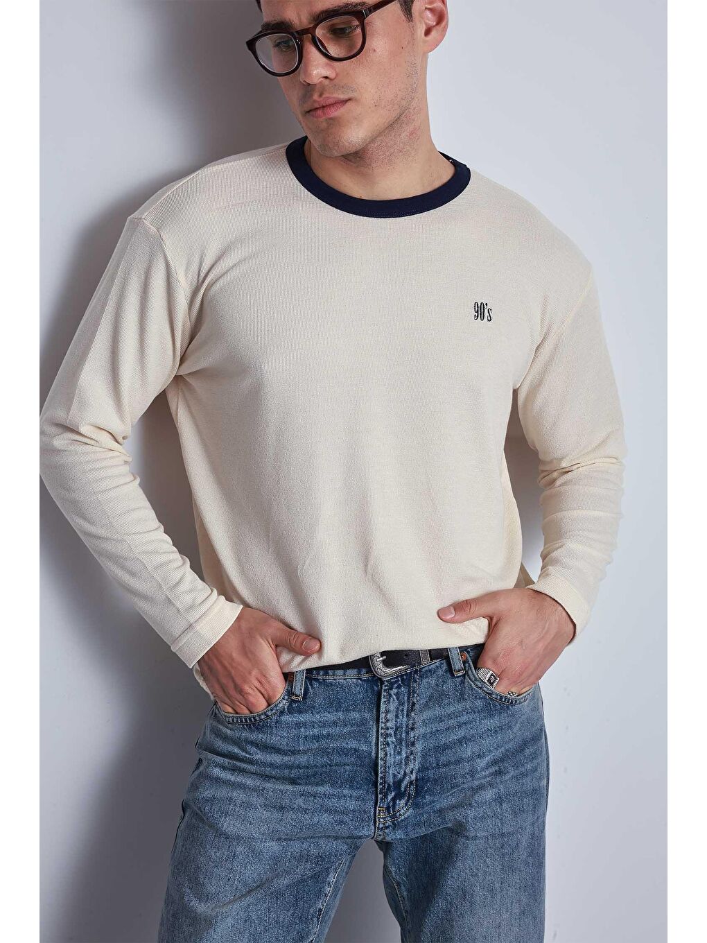 Ekru Erkek Kontrast Detaylı Oversize Basic Sweatshirt Krem-2