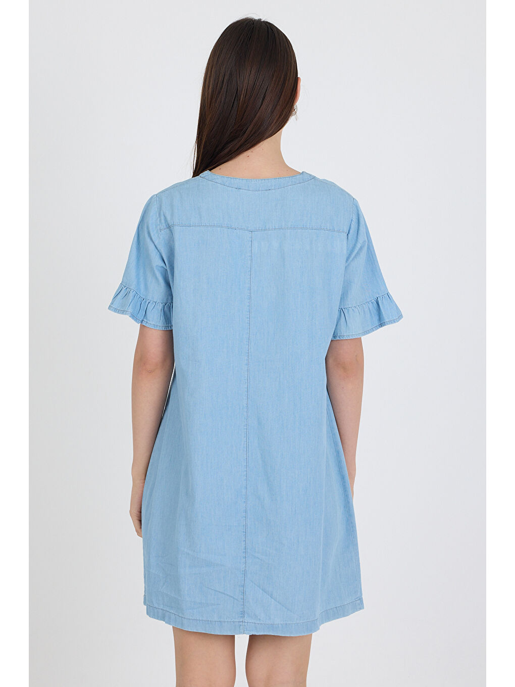 Mavi Kadın Önü Cepli Göğüs Bağcıklı Jean Stil Salopet Elbise 1449-4