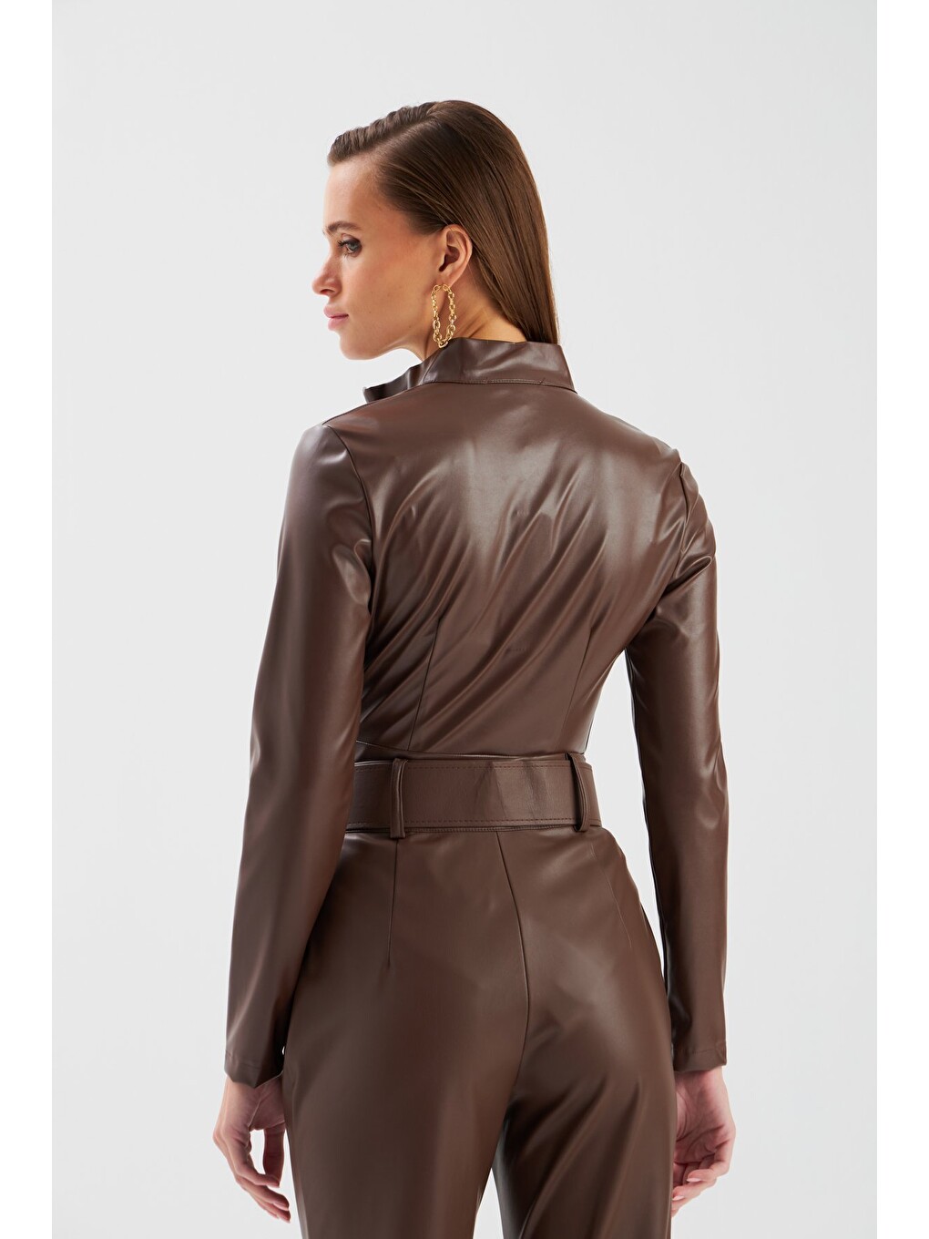 Kahverengi Fermuarlı Deri Bodysuit - Koyu Kahve-7