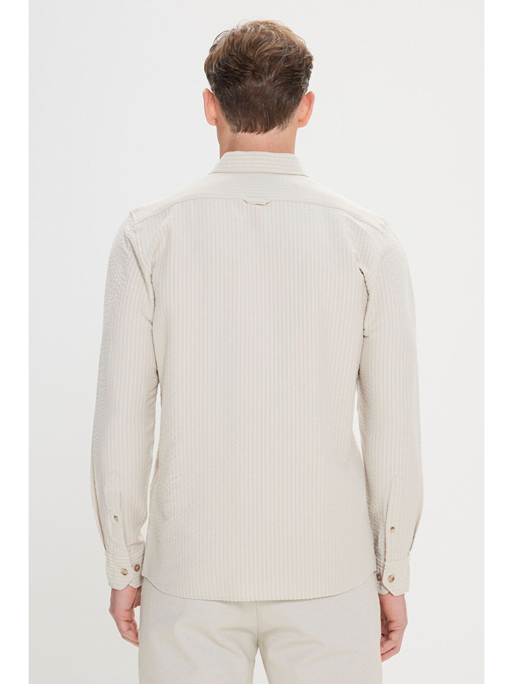Erkek Bej Slim Fit Dar Kesim Düğmeli Yaka %100 Pamuk Gömlek-4