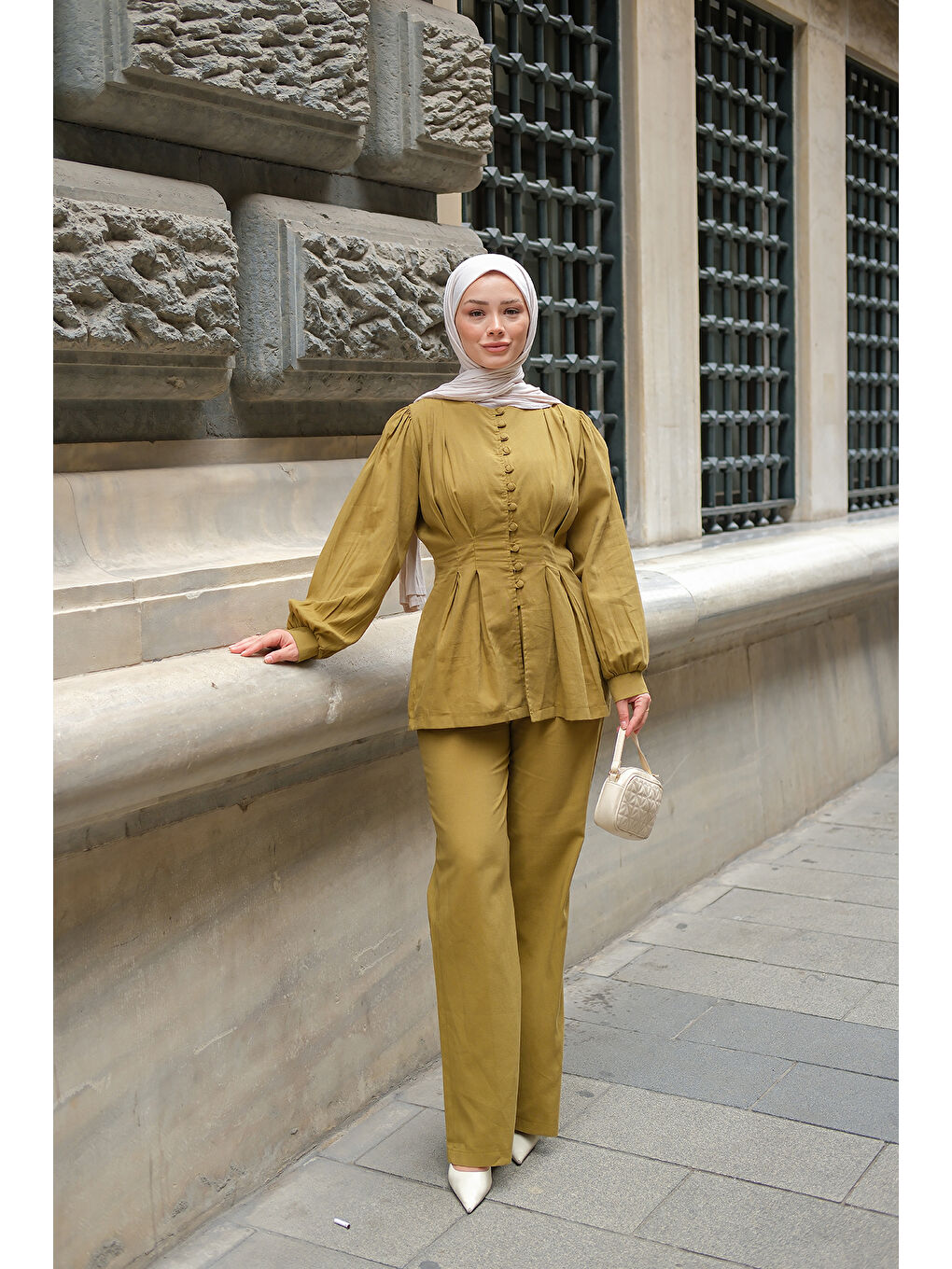 Kadın Beli Pens Detaylı Takım Yağ Yeşil