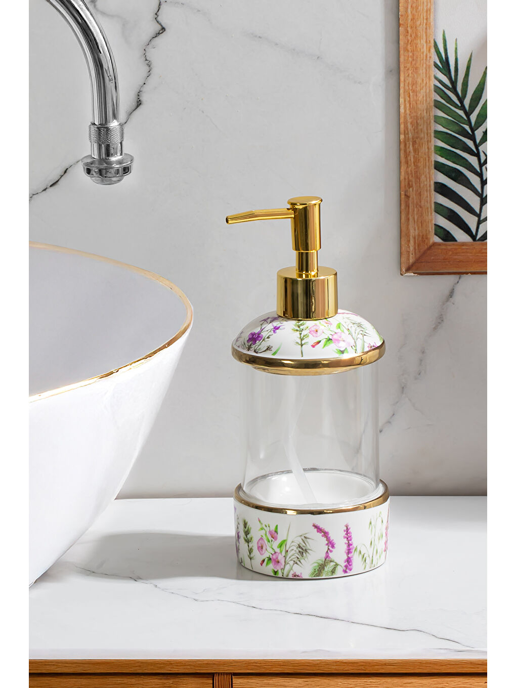 Karışık 3127-1 Gold Kapaklı Porselen ve Cam Sıvı Sabunluk – Çiçek Desenli ve Şeffaf Tasarım 350 ml-2