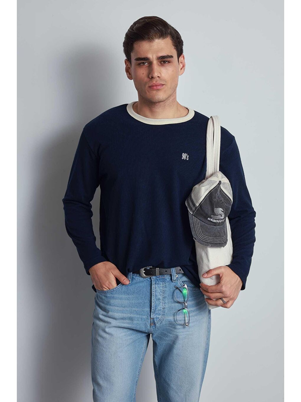 Erkek Kontrast Detaylı Oversize Basic Sweatshirt Lacivert-2