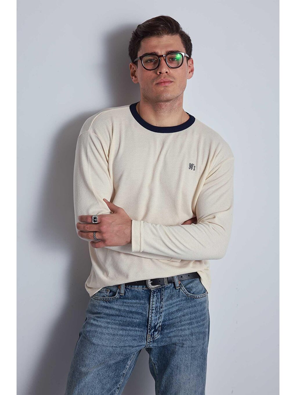 Ekru Erkek Kontrast Detaylı Oversize Basic Sweatshirt Krem-4