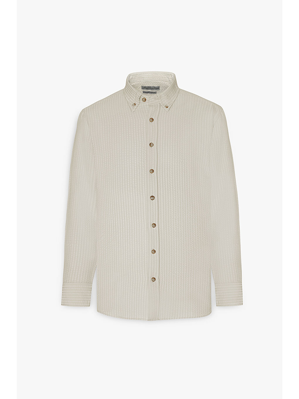 Erkek Bej Slim Fit Dar Kesim Düğmeli Yaka %100 Pamuk Gömlek-5