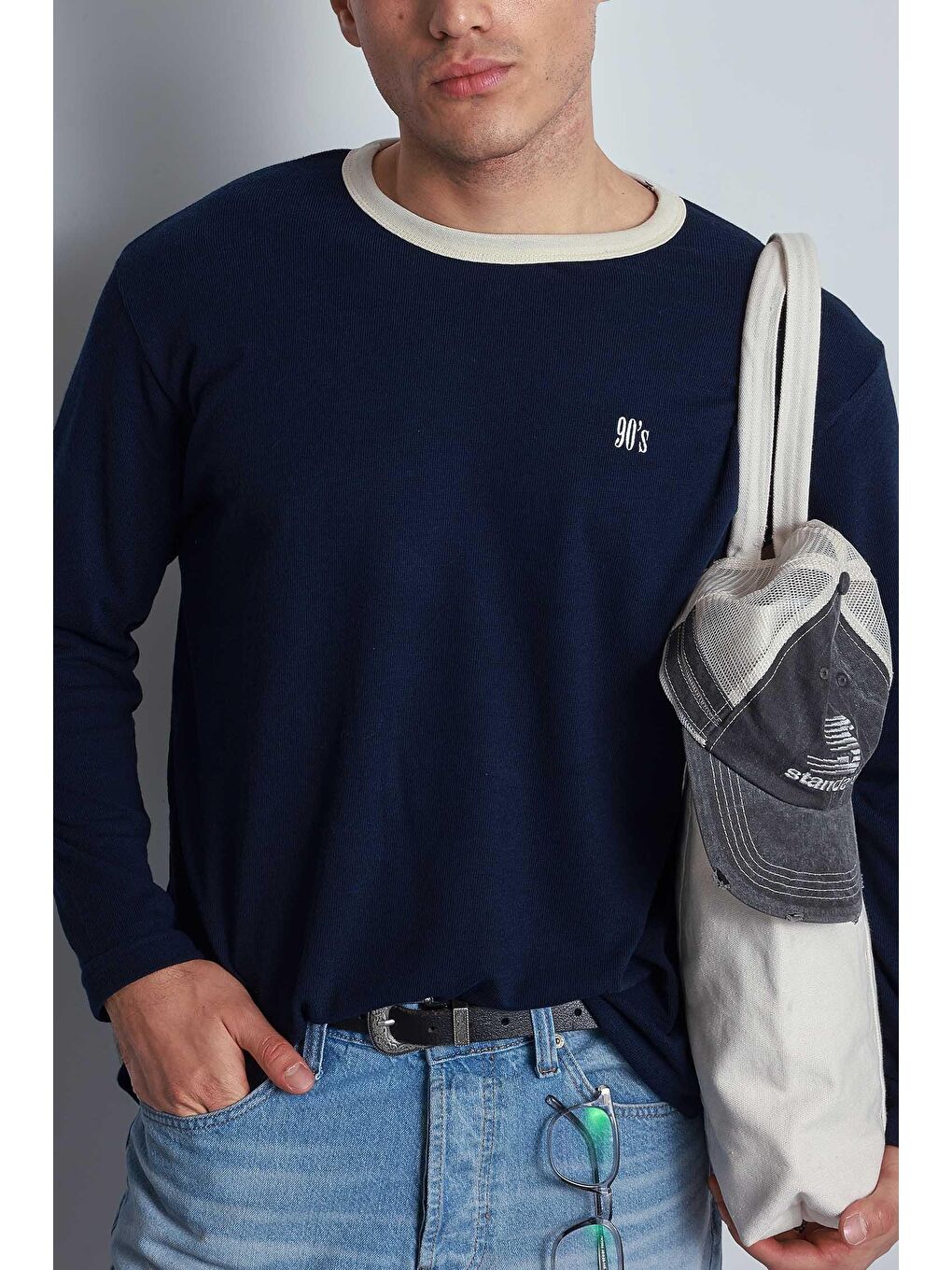 Erkek Kontrast Detaylı Oversize Basic Sweatshirt Lacivert-3