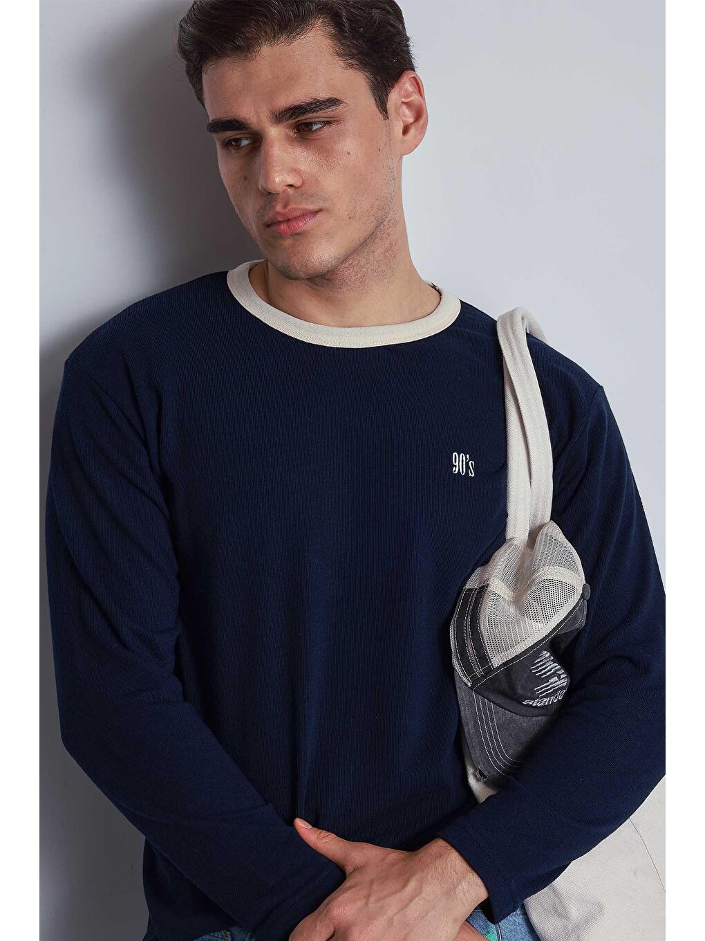 Erkek Kontrast Detaylı Oversize Basic Sweatshirt Lacivert-4