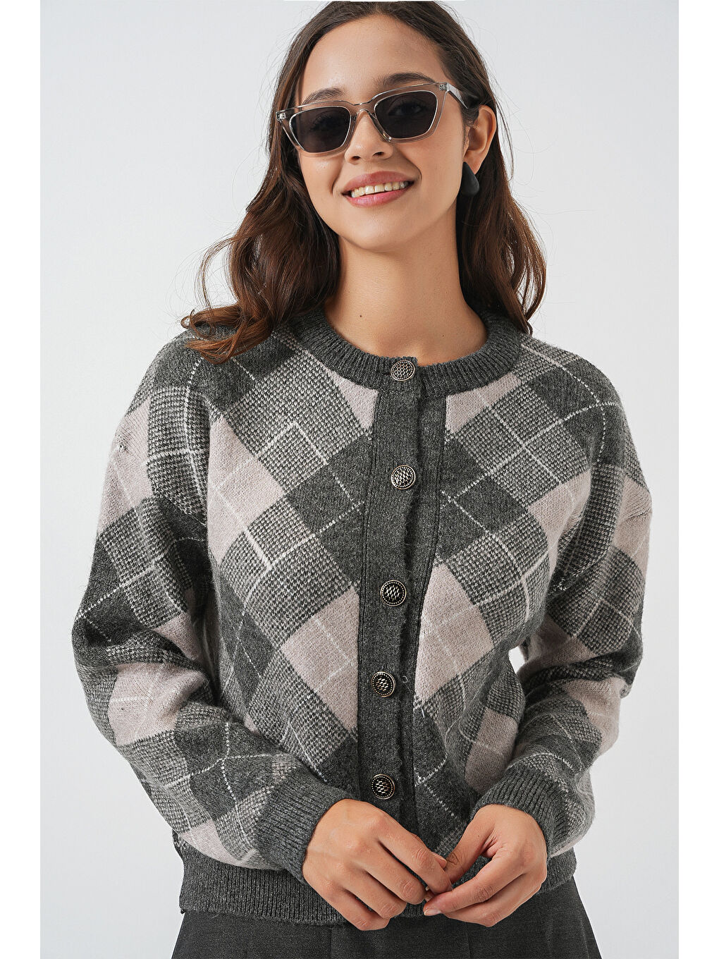 Kadın Desenli Düğmeli Triko Hırka 15927 - Antrasit