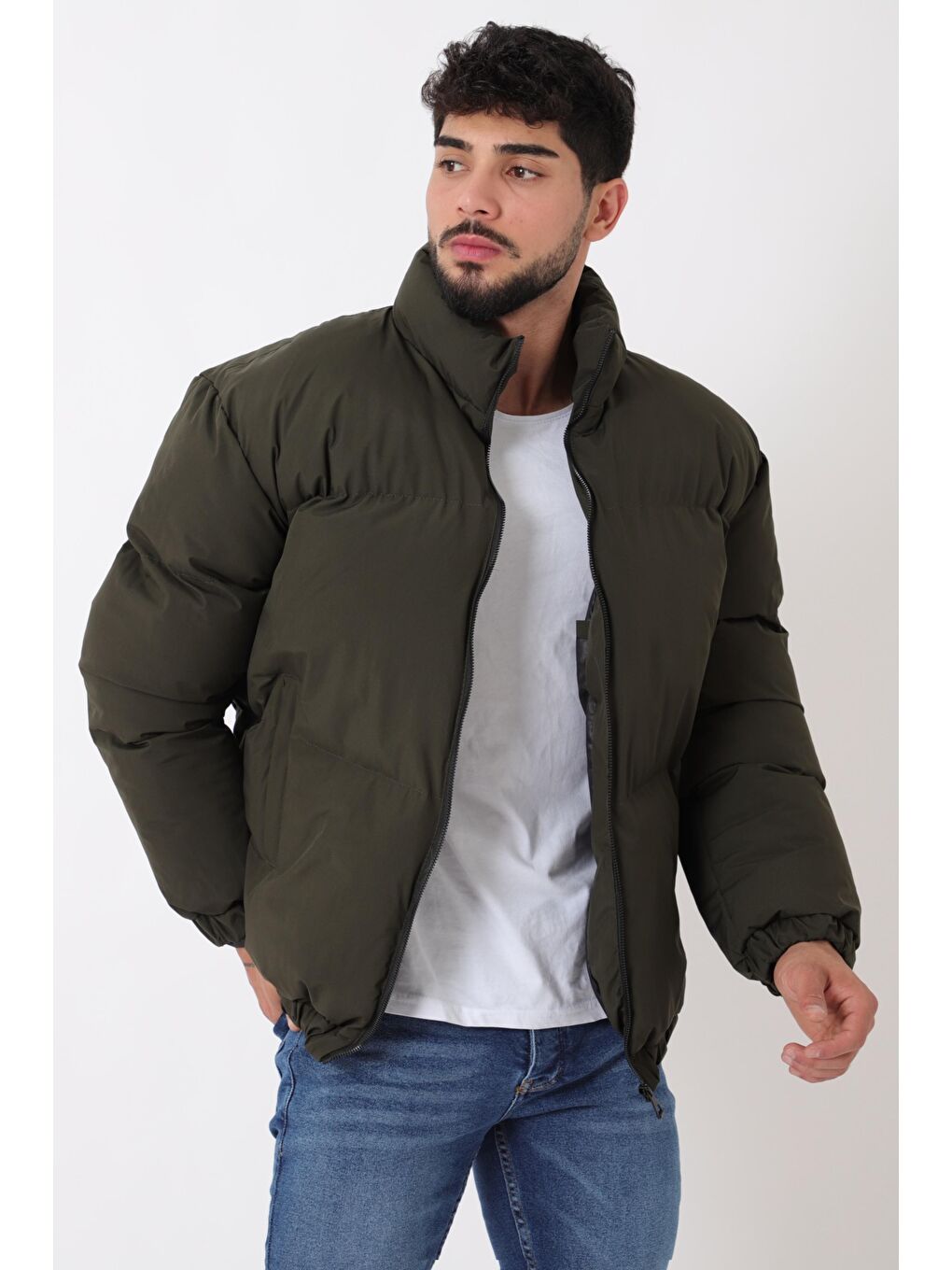Haki Dik Yaka Oversize Bomber Şişme Kışlık Mont PLDP 3018_50465-1