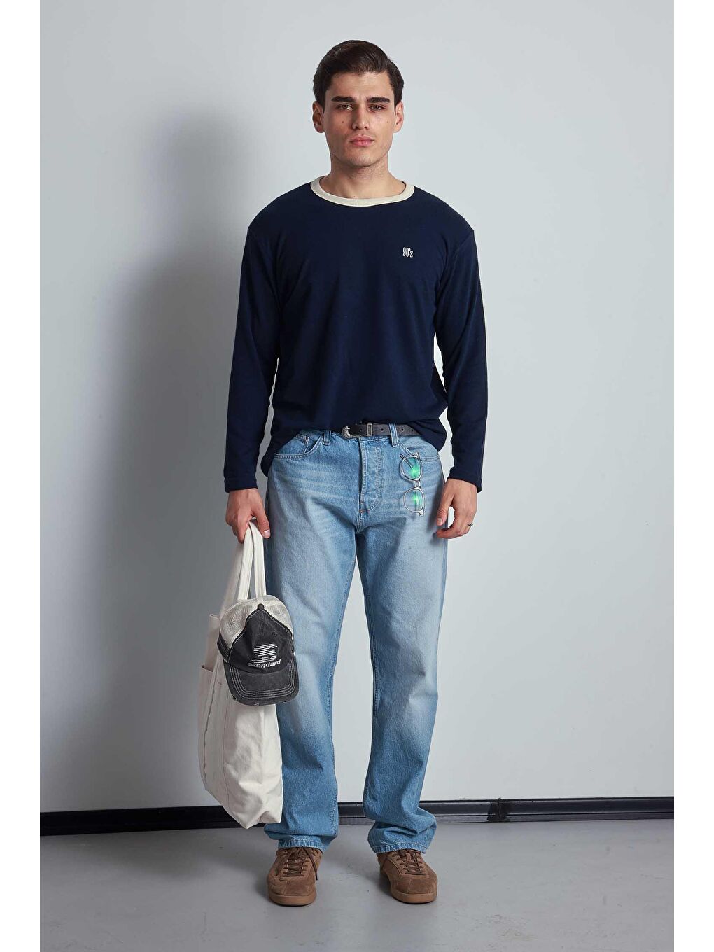 Erkek Kontrast Detaylı Oversize Basic Sweatshirt Lacivert-5