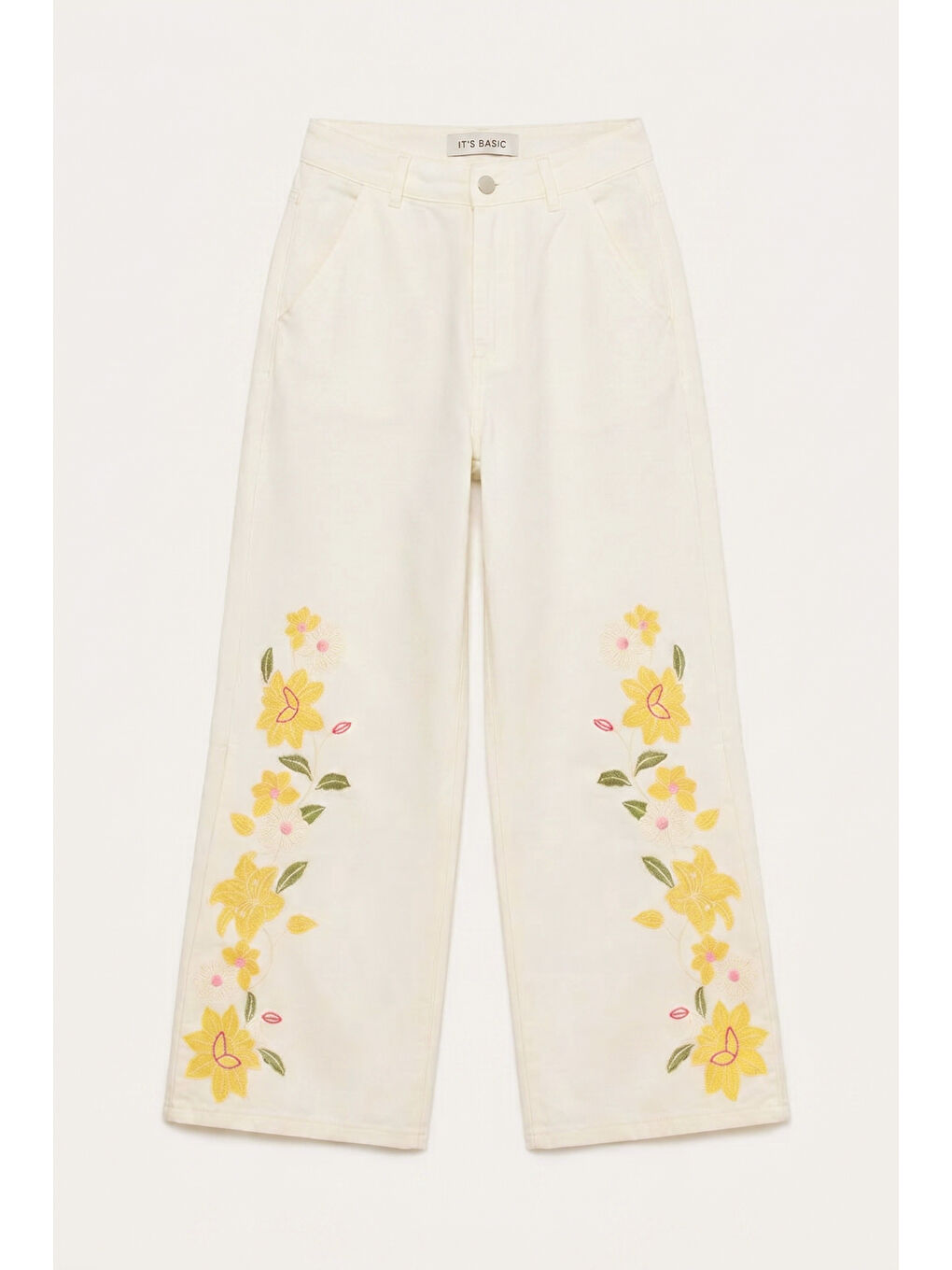 Kadın Kırık Beyaz 7s6-101 Culotte Fit Çiçek Nakışlı Tasarım Denim Jean-1