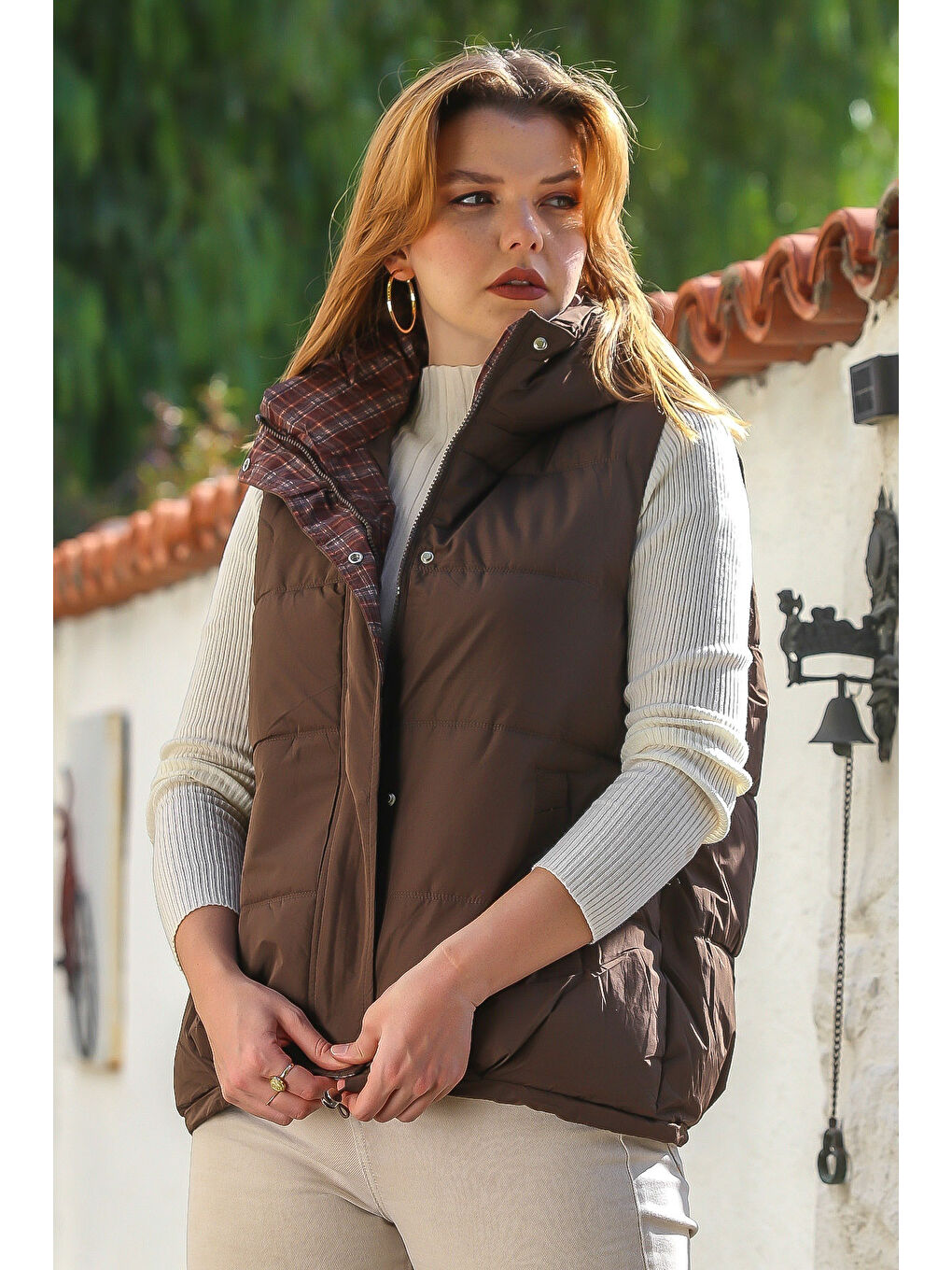 Kahverengi Kapüşonlu Kolsuz Fermuarlı Fleto Cep Casual Dokuma Yelek 72 60-3