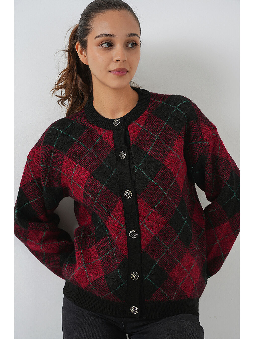 Kadın Desenli Düğmeli Triko Hırka 15927 - Bordo