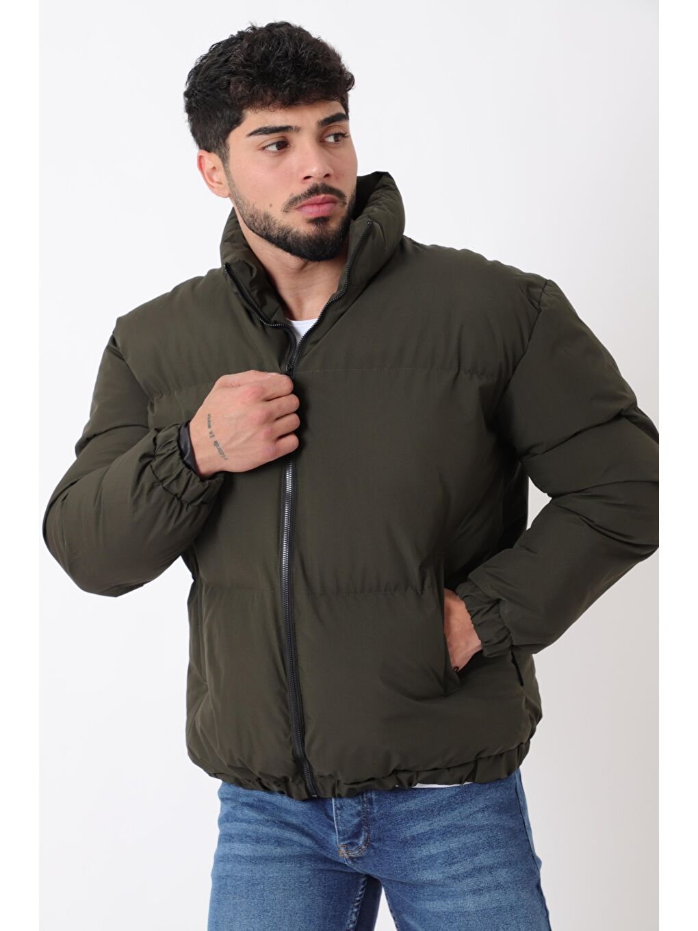 Haki Dik Yaka Oversize Bomber Şişme Kışlık Mont PLDP 3018_50465-2