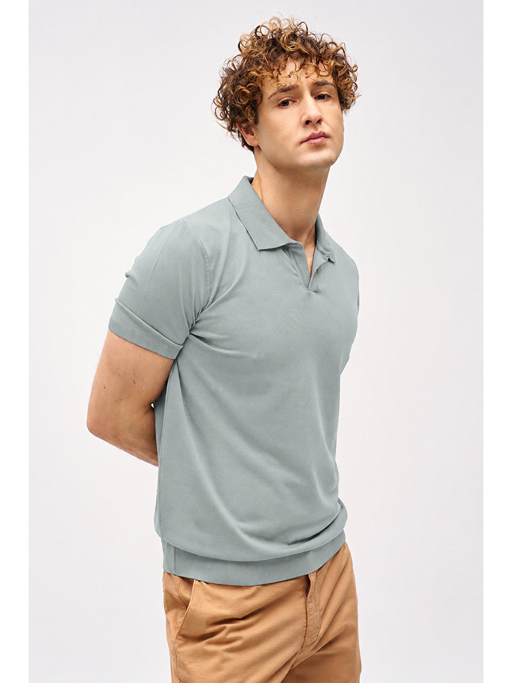 Erkek Açık Yeşil Slim Fit Dar Kalıp Polo Yaka Düz Kısa Kollu Triko Tişört