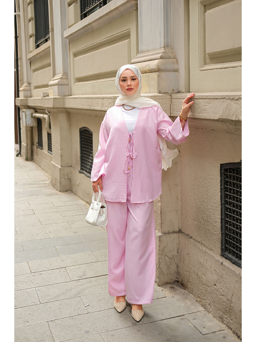 Kadın Ön Bağlama Detaylı Takım Pembe-2