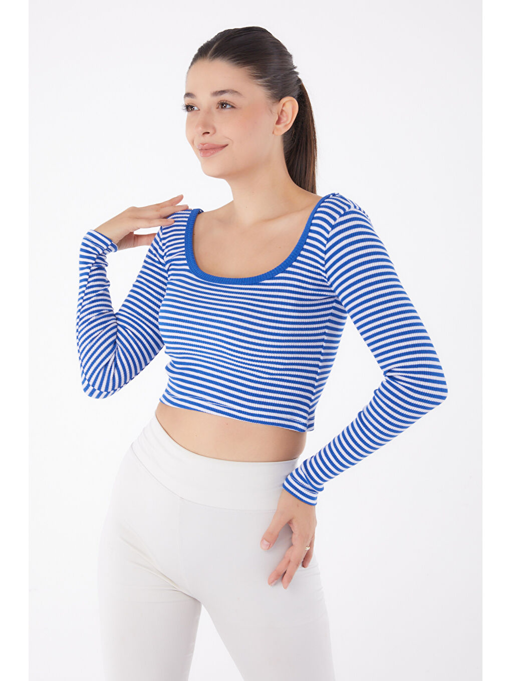 Mavi Çizgili Crop Saks - 26119-2