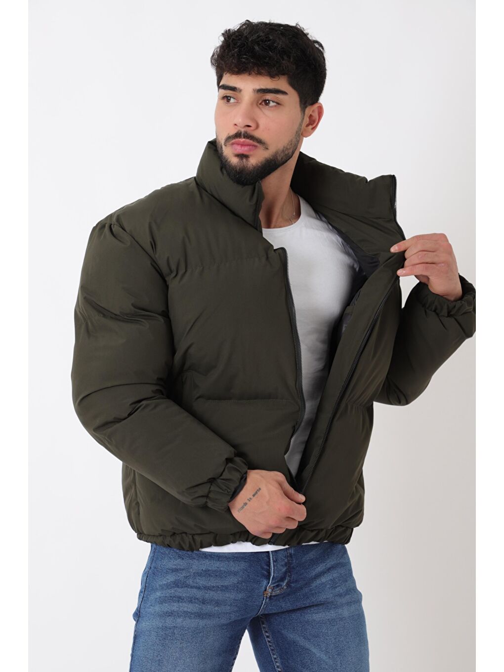 Haki Dik Yaka Oversize Bomber Şişme Kışlık Mont PLDP 3018_50465-3