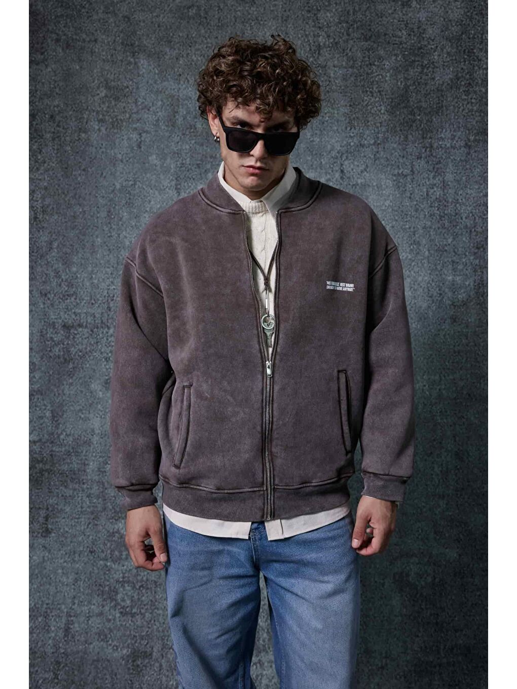 Erkek Oversize Yıkamalı Fermuarlı Sweatshirt Kahverengi
