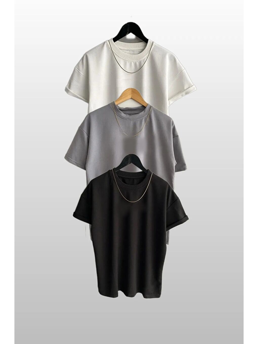 Kadın Bisiklet Yaka Siyah Beyaz Gri Düz 3 lü Paket Tişört