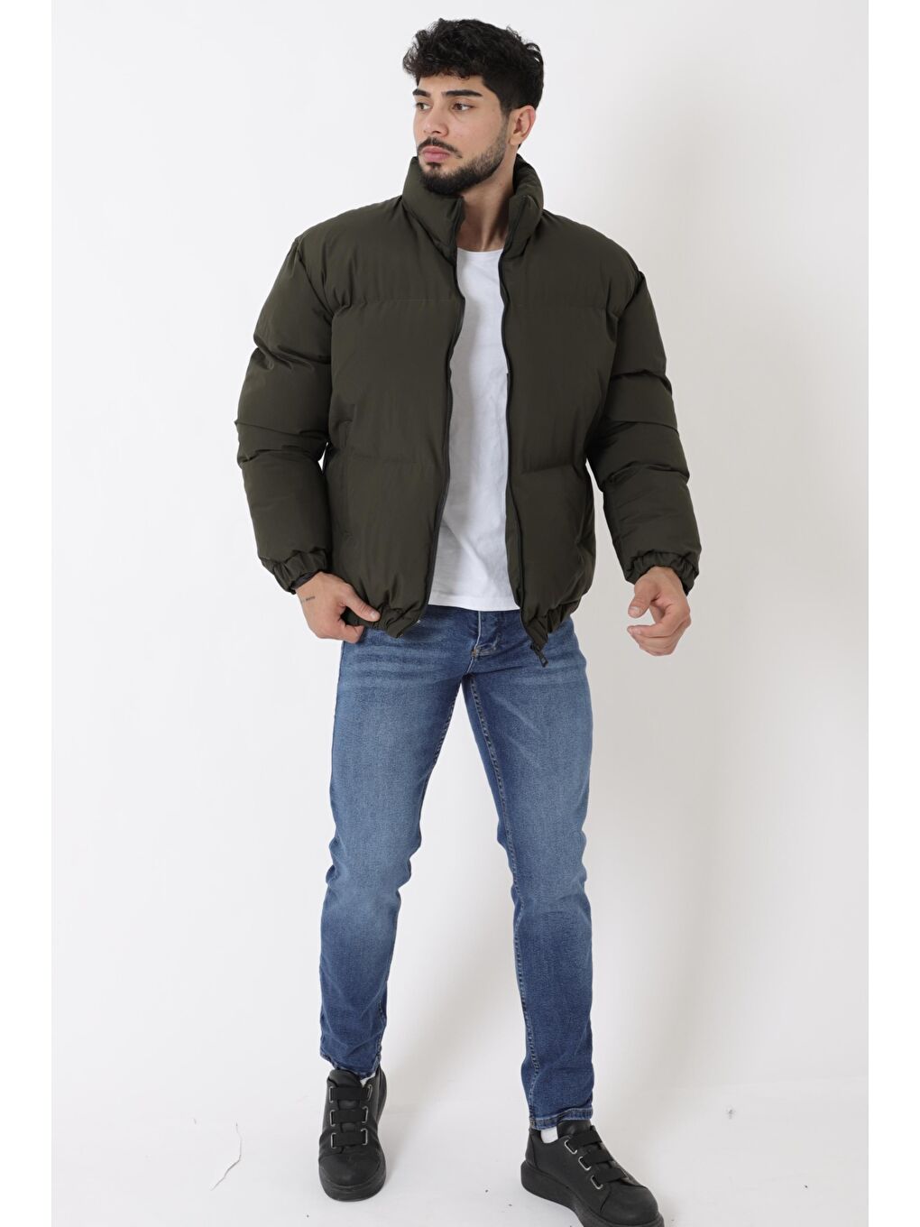 Haki Dik Yaka Oversize Bomber Şişme Kışlık Mont PLDP 3018_50465-4