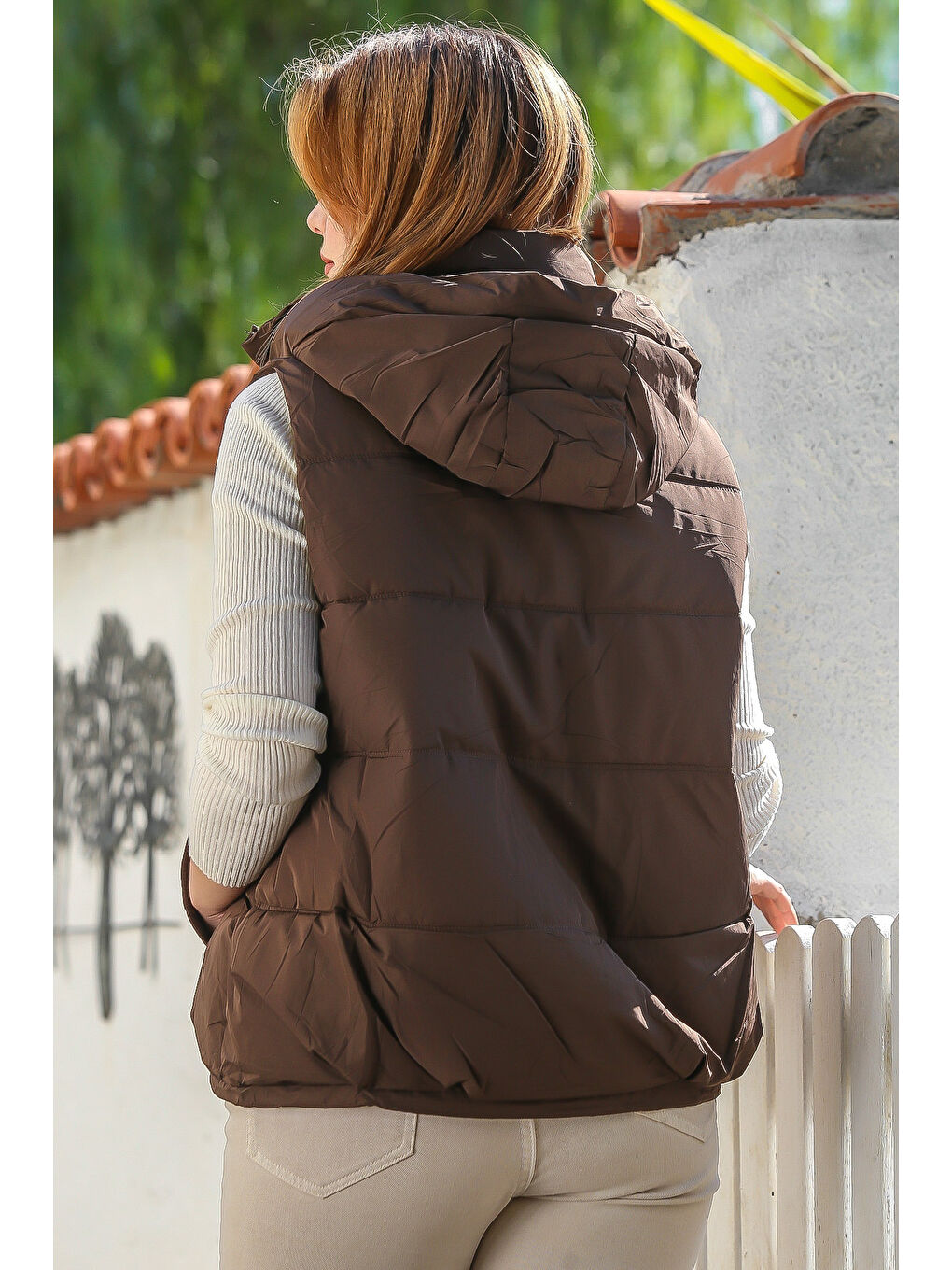 Kahverengi Kapüşonlu Kolsuz Fermuarlı Fleto Cep Casual Dokuma Yelek 72 60-6