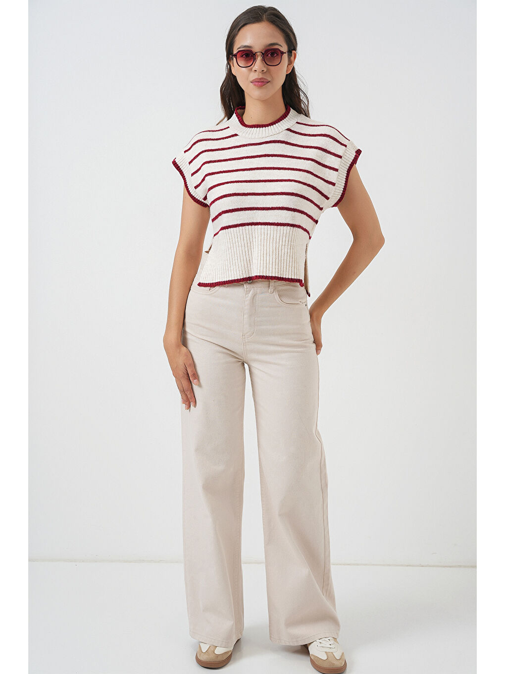 Kadın Çizgili Triko Süveter 15926 - Bordo-1